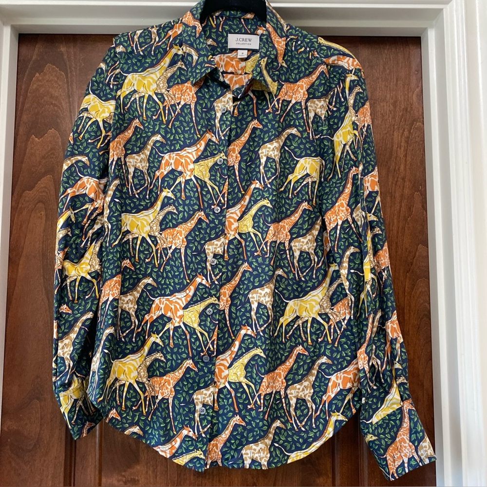 J. Crew Collection Silk Twill Blouse Giraffe Print in Navy w/Multicolors Sz 6